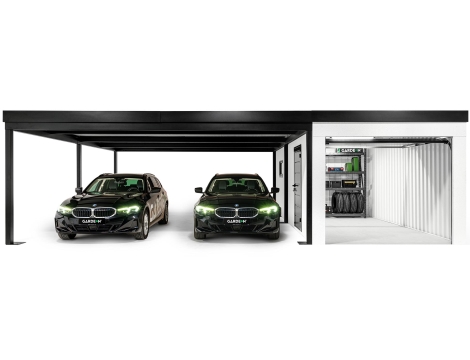 GARDEON® Garage mit Hörmann Garagentor, Fenster und Carport links