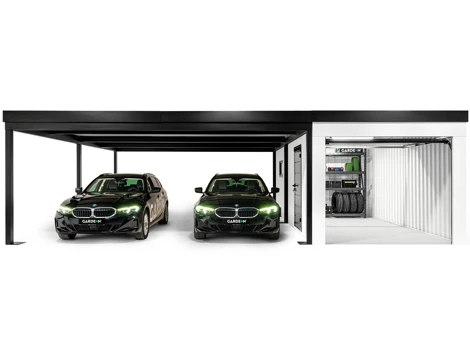 GARDEON® Garage mit Hörmann Garagentor, Fenster und Carport links