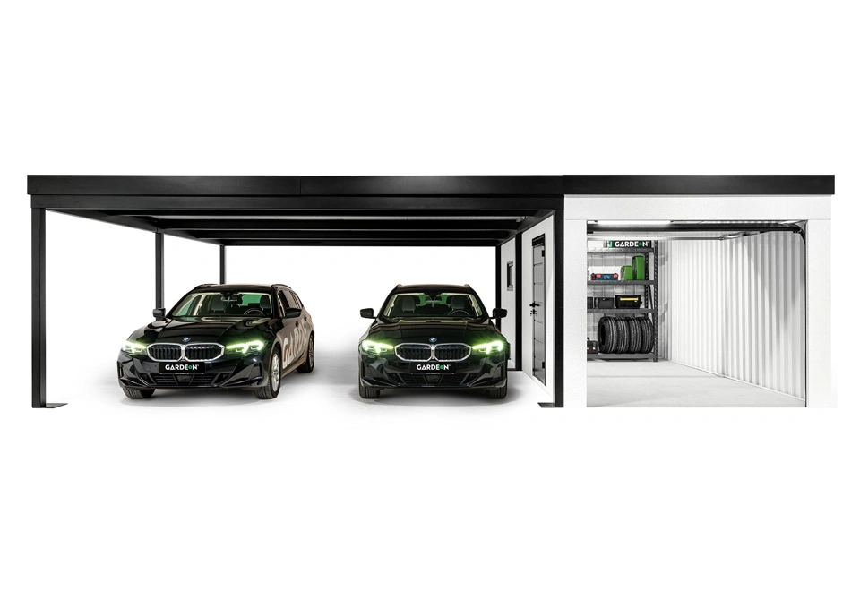 GARDEON® Garage mit Hörmann Garagentor, Fenster und Carport links