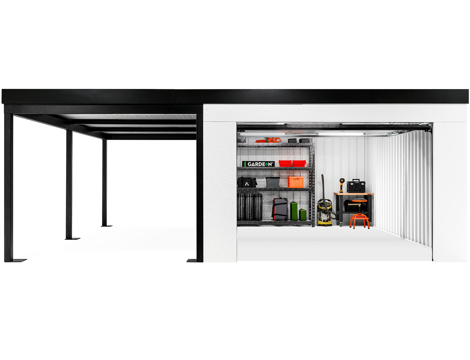 GARDEON® Garage mit Hörmann Garagentor, Fenster und Carport links GARDEON® Garage mit Hörmann Garagentor, Fenster und Carport links