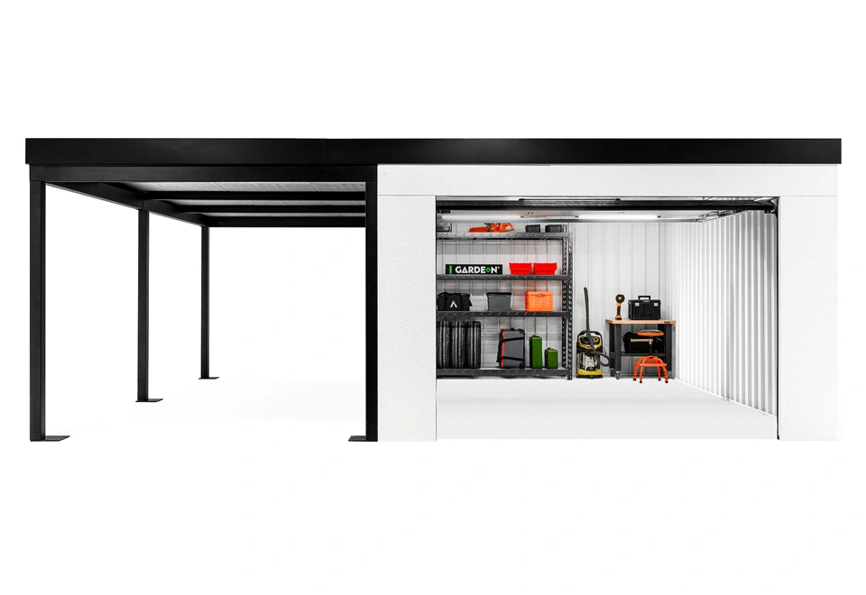 GARDEON® Garage mit Hörmann Garagentor, Fenster und Carport links