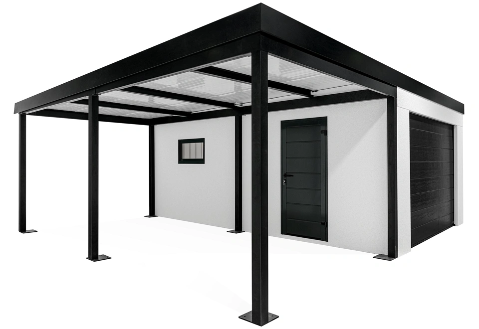 GARDEON® Garage mit Hörmann Garagentor, Fenster und Carport links