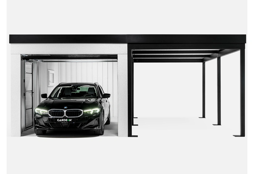 GARDEON® Garage mit Hörmann Garagentor, Fenster und Carport rechts