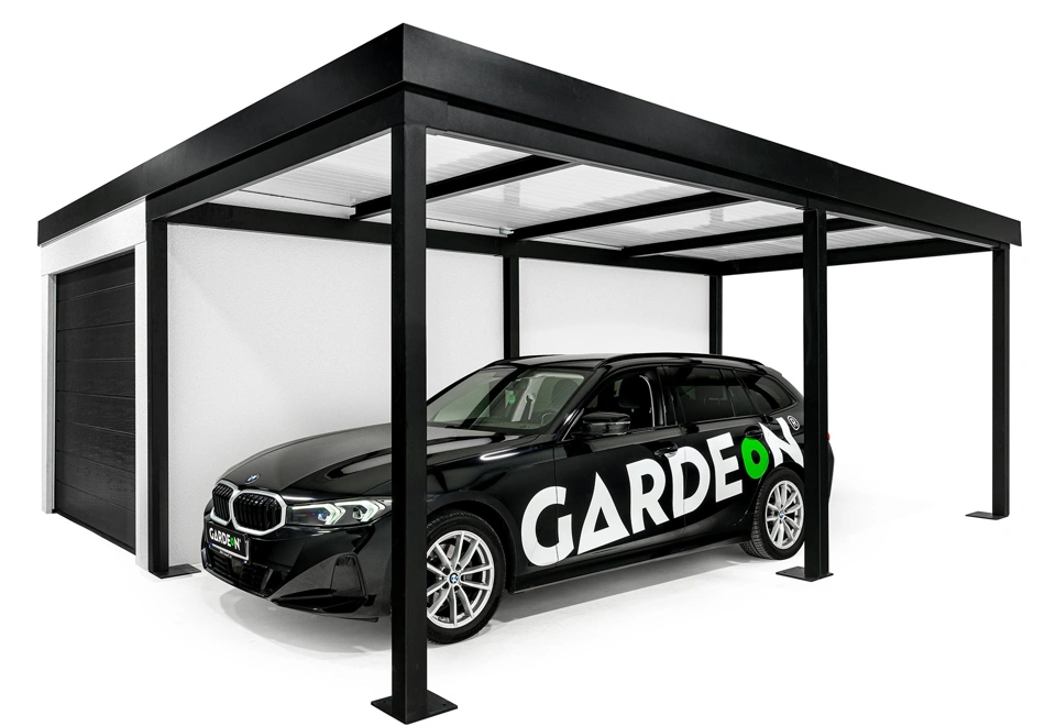 GARDEON® Garage mit Hörmann Garagentor, Fenster und Carport rechts