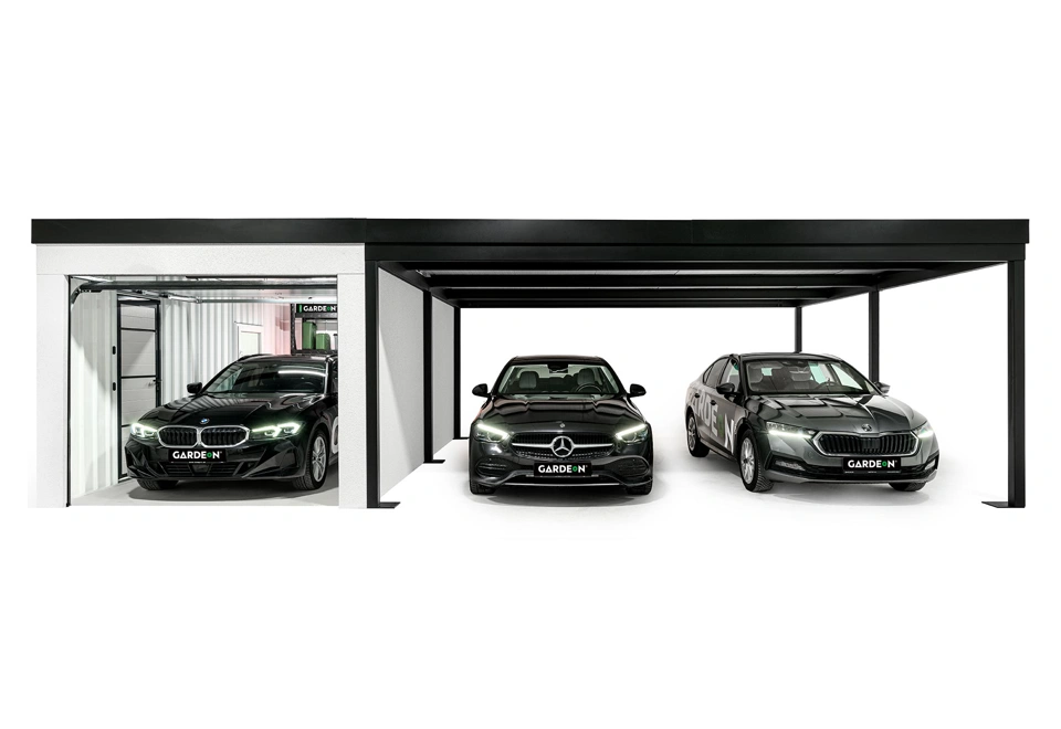 GARDEON® Garage mit Hörmann Garagentor, Fenster und Carport rechts