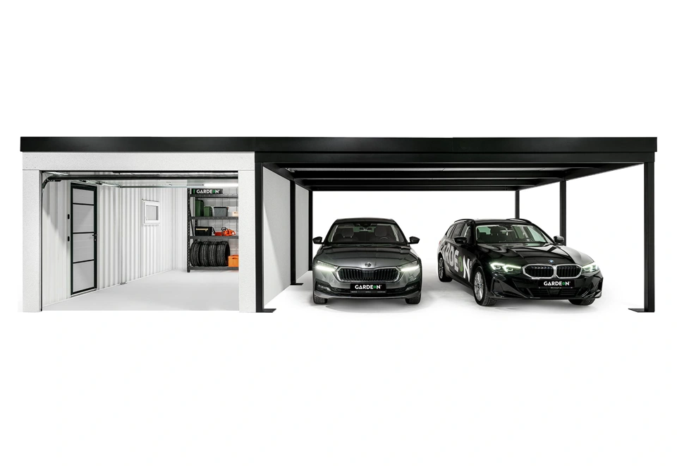 GARDEON® Garage mit Hörmann Garagentor, Fenster und Carport rechts
