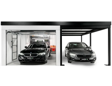 GARDEON® Garage mit Hörmann Garagentor, Fenster und Carport rechts GARDEON® Garage mit Hörmann Garagentor, Fenster und Carport rechts
