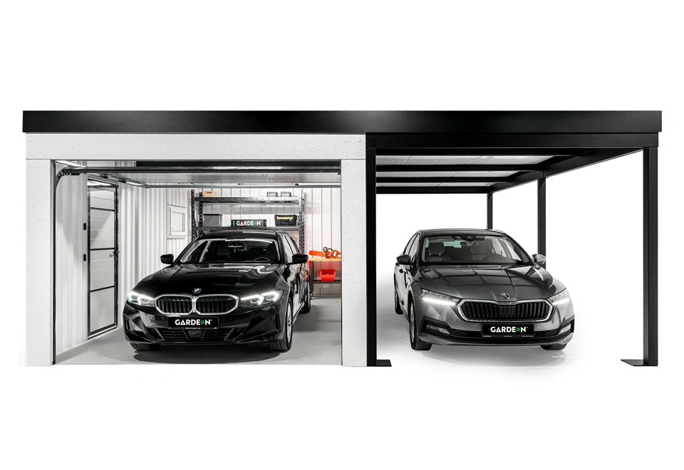 GARDEON® Garage mit Hörmann Garagentor, Fenster und Carport rechts