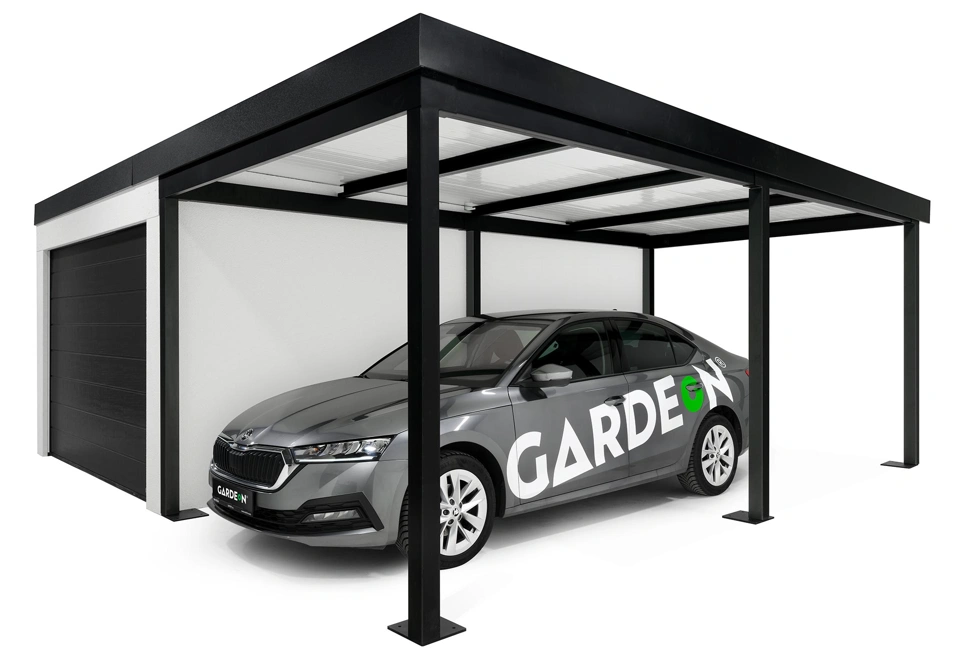 GARDEON® Garage mit Hörmann Garagentor, Fenster und Carport rechts