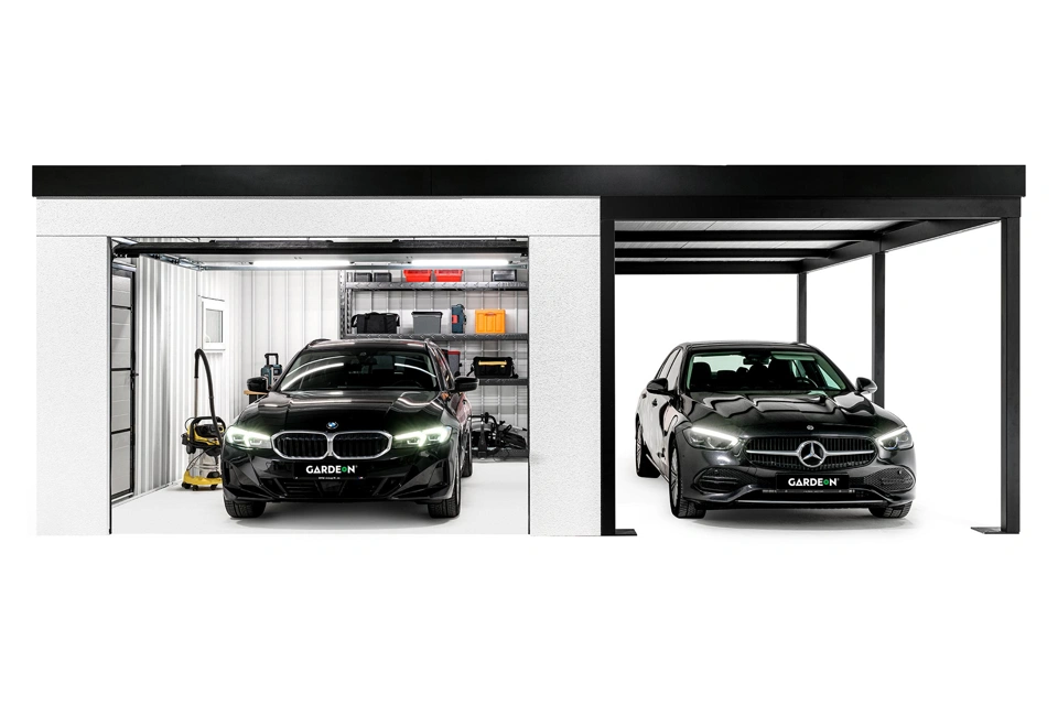 GARDEON® Garage mit Hörmann Garagentor, Fenster und Carport rechts