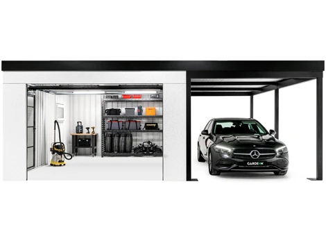 GARDEON® Garage mit Hörmann Garagentor, Fenster und Carport rechts