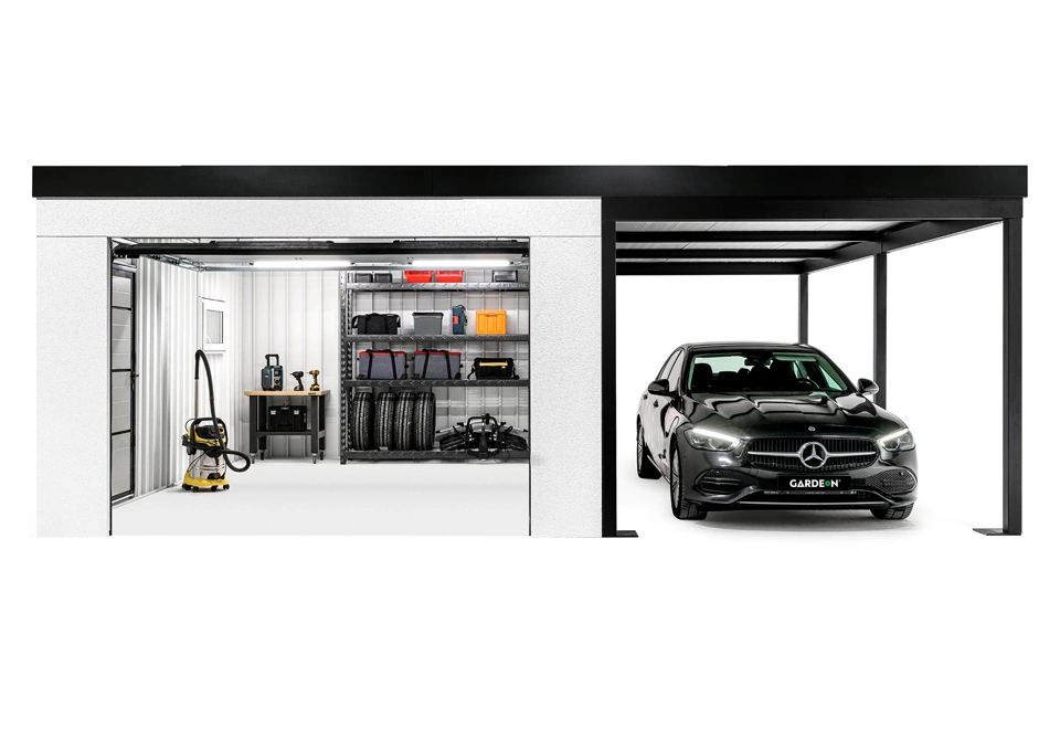 GARDEON® Garage mit Hörmann Garagentor, Fenster und Carport rechts