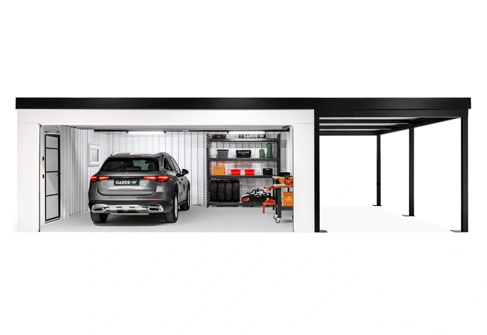 GARDEON® Garage mit Hörmann Garagentor, Fenster und Carport rechts