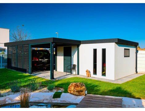 GARDEON® Garage mit Tür, Fenster, 2 Lichtbänder und Carport in Wunschgröße