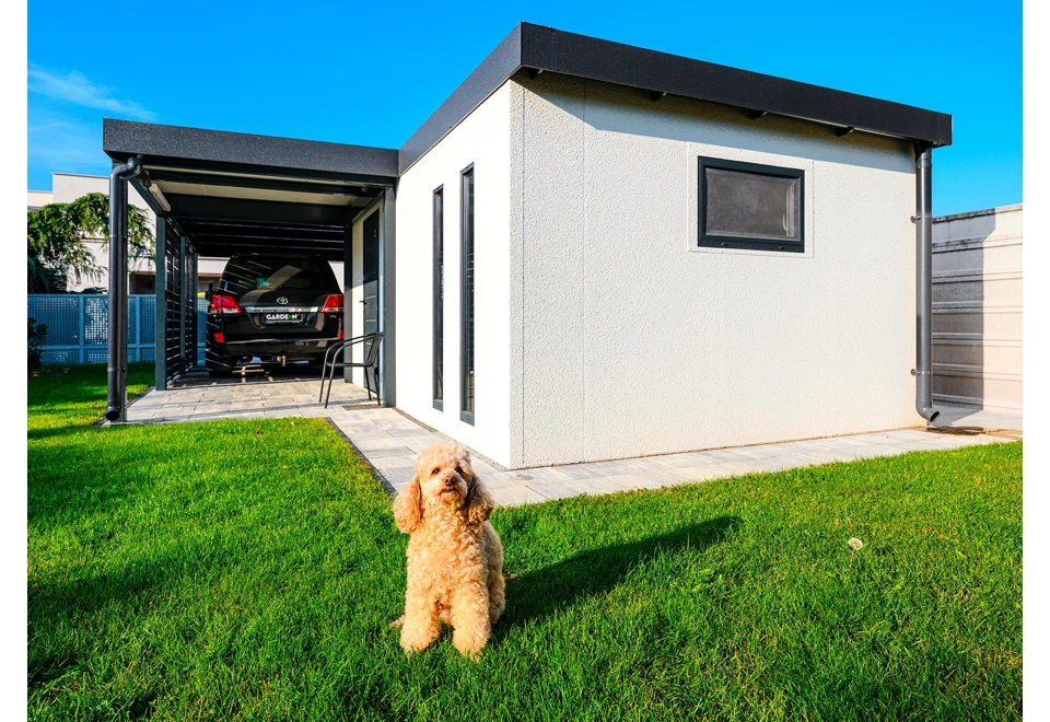 GARDEON® Garage mit Tür, Fenster, 2 Lichtbänder und Carport in Wunschgröße