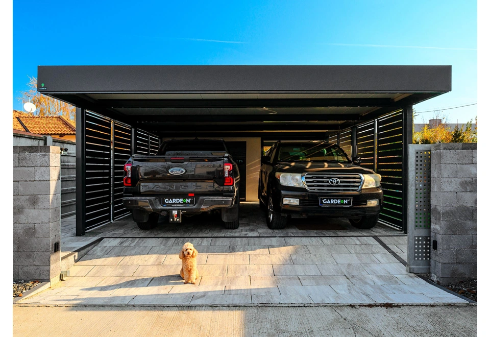 GARDEON® Garage mit Tür, Fenster, 2 Lichtbänder und Carport in Wunschgröße
