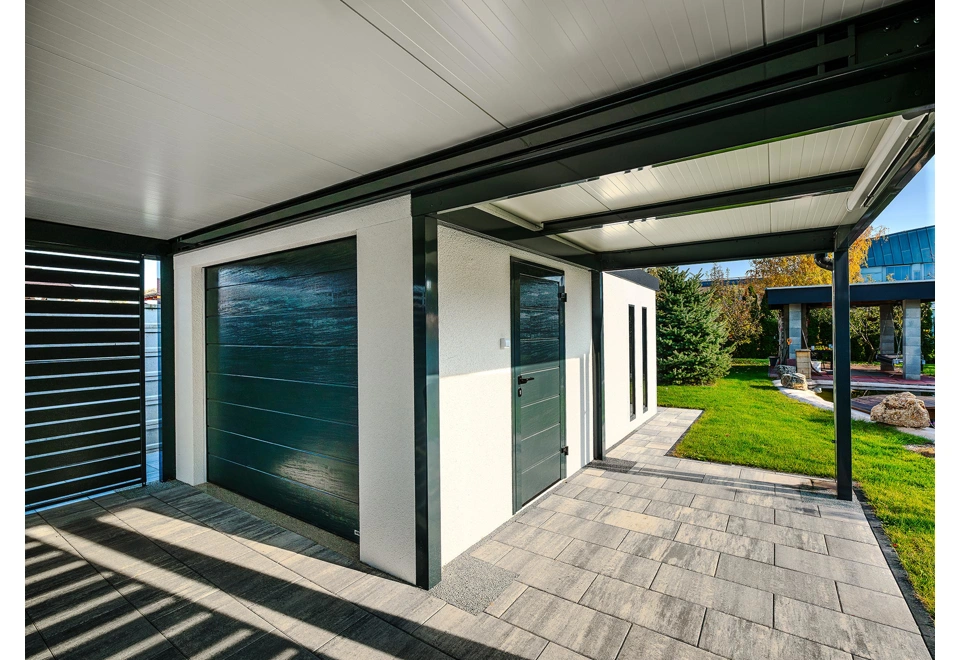 GARDEON® Garage mit Tür, Fenster, 2 Lichtbänder und Carport in Wunschgröße