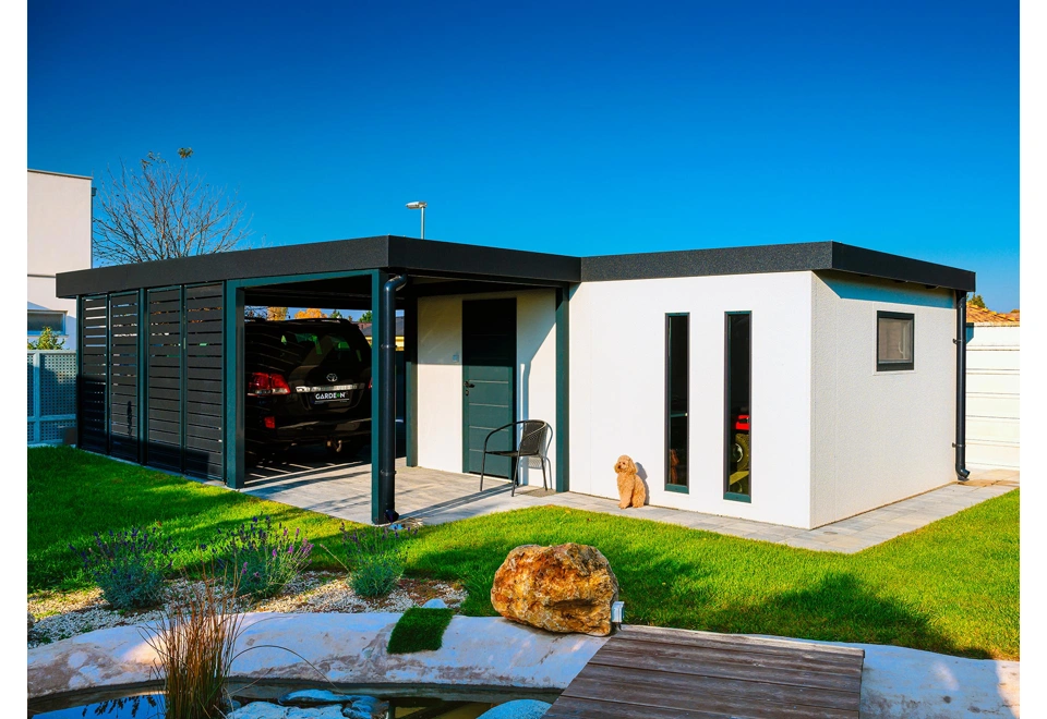 GARDEON® Garage mit Tür, Fenster, 2 Lichtbänder und Carport in Wunschgröße