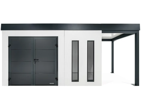 GARDEON® Gartenhaus 4 x 2 m mit doppelten Hörmann-Türen, zwei Lichtbändern und überdachtem Bereich GARDEON® Gartenhaus 4 x 2 m mit doppelten Hörmann-Türen, zwei Lichtbändern und überdachtem Bereich