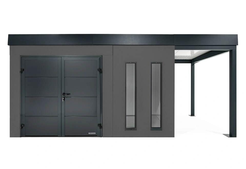 GARDEON® Gartenhaus 4 x 2 m mit doppelten Hörmann-Türen, zwei Lichtbändern und überdachtem Bereich