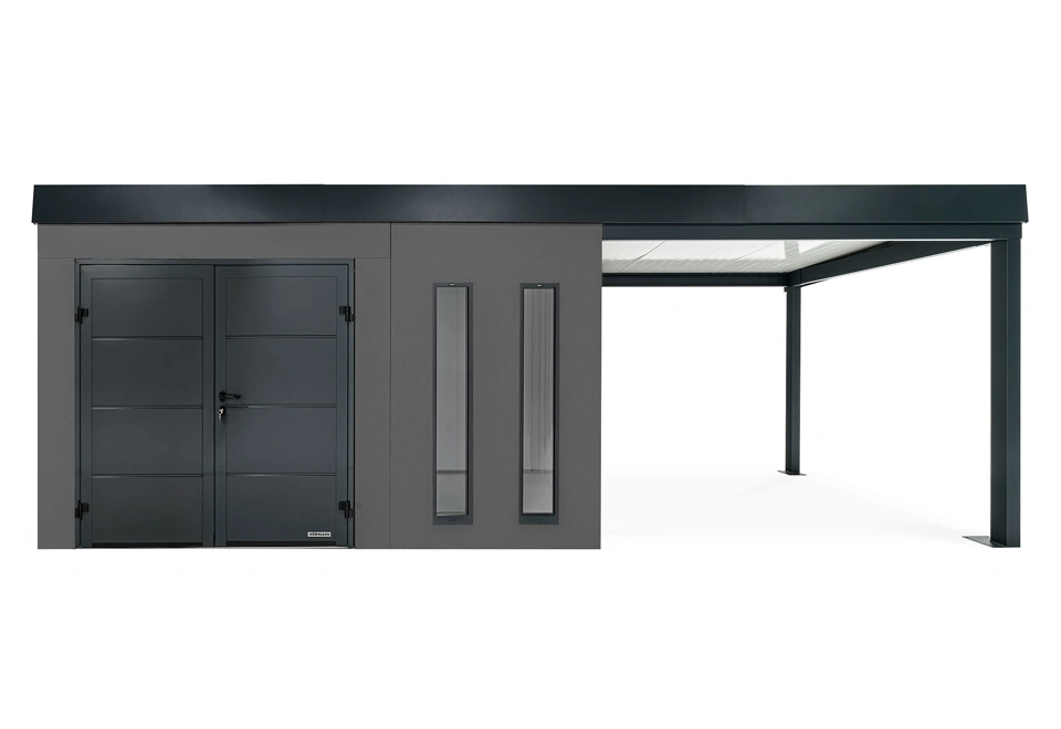 GARDEON® Gartenhaus 4 x 2 m mit doppelten Hörmann-Türen, zwei Lichtbändern und überdachtem Bereich