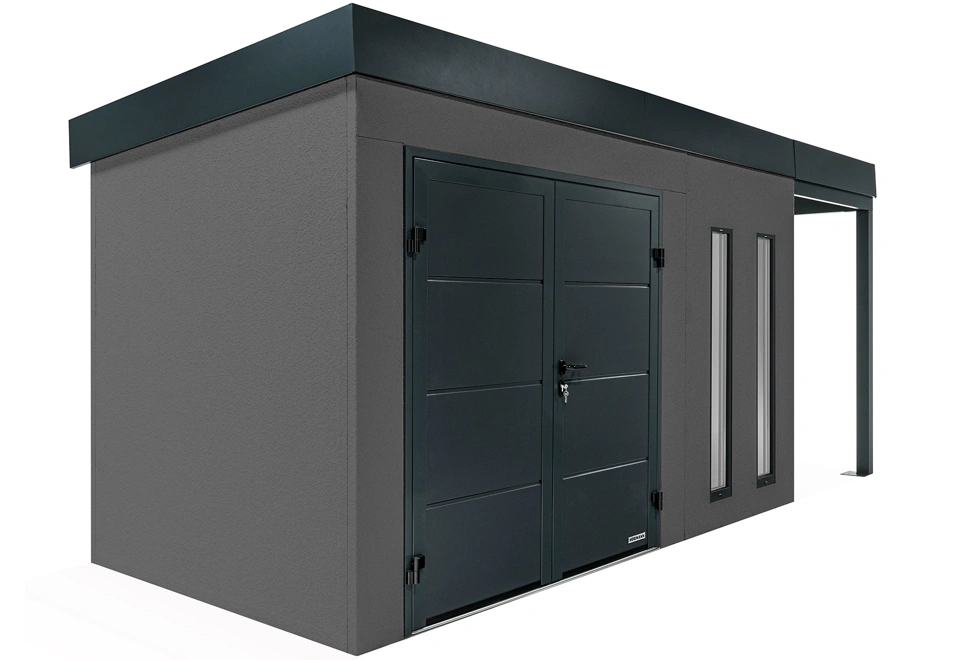 GARDEON® Gartenhaus 4 x 2 m mit doppelten Hörmann-Türen, zwei Lichtbändern und überdachtem Bereich