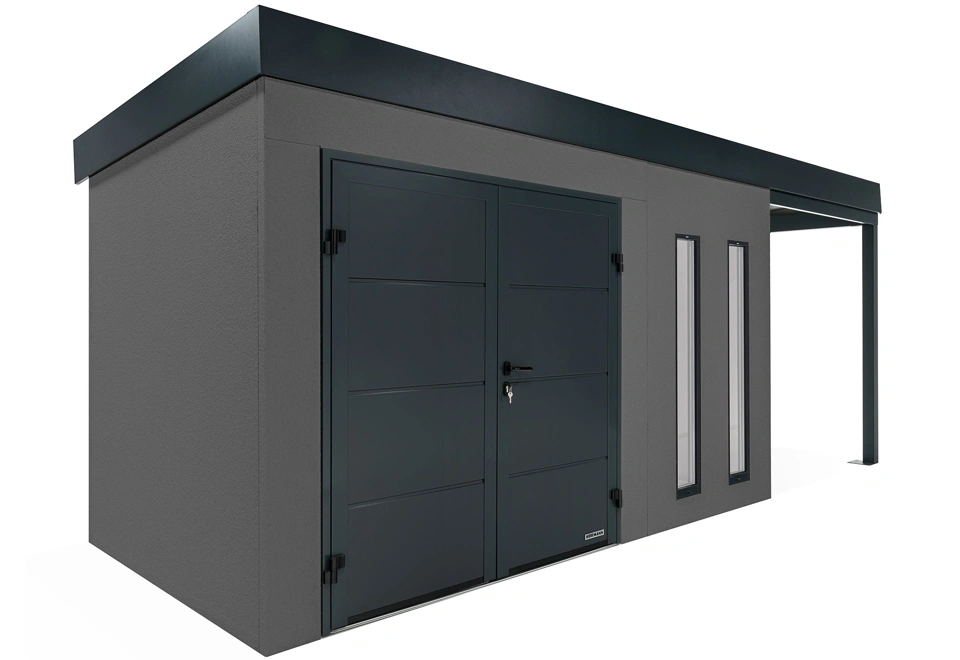 GARDEON® Gartenhaus 4 x 2 m mit doppelten Hörmann-Türen, zwei Lichtbändern und überdachtem Bereich