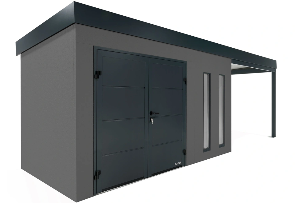 GARDEON® Gartenhaus 4 x 2 m mit doppelten Hörmann-Türen, zwei Lichtbändern und überdachtem Bereich