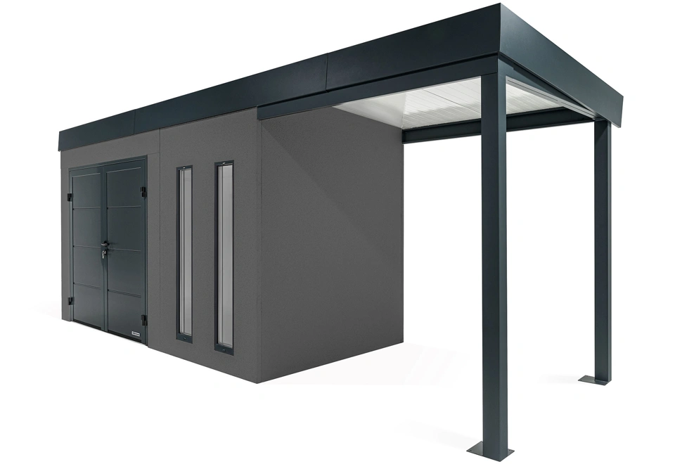 GARDEON® Gartenhaus 4 x 2 m mit doppelten Hörmann-Türen, zwei Lichtbändern und überdachtem Bereich