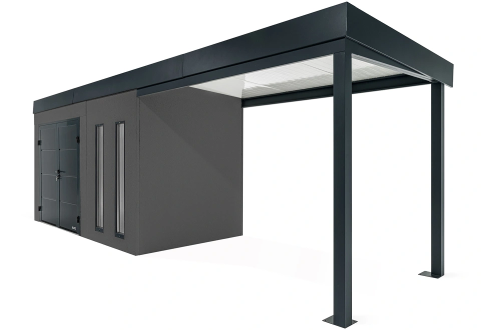 GARDEON® Gartenhaus 4 x 2 m mit doppelten Hörmann-Türen, zwei Lichtbändern und überdachtem Bereich