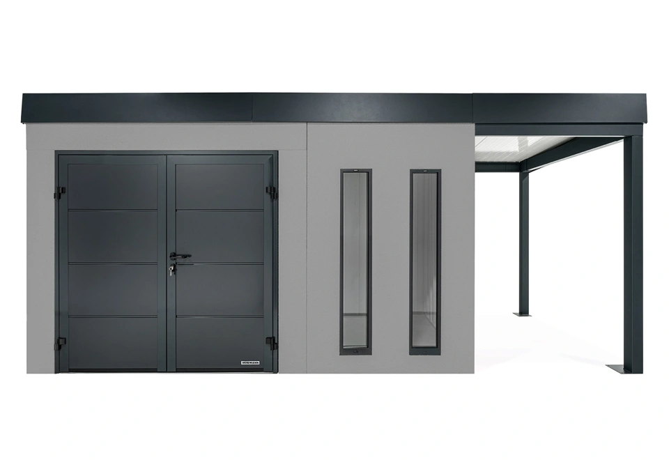GARDEON® Gartenhaus 4 x 2 m mit doppelten Hörmann-Türen, zwei Lichtbändern und überdachtem Bereich