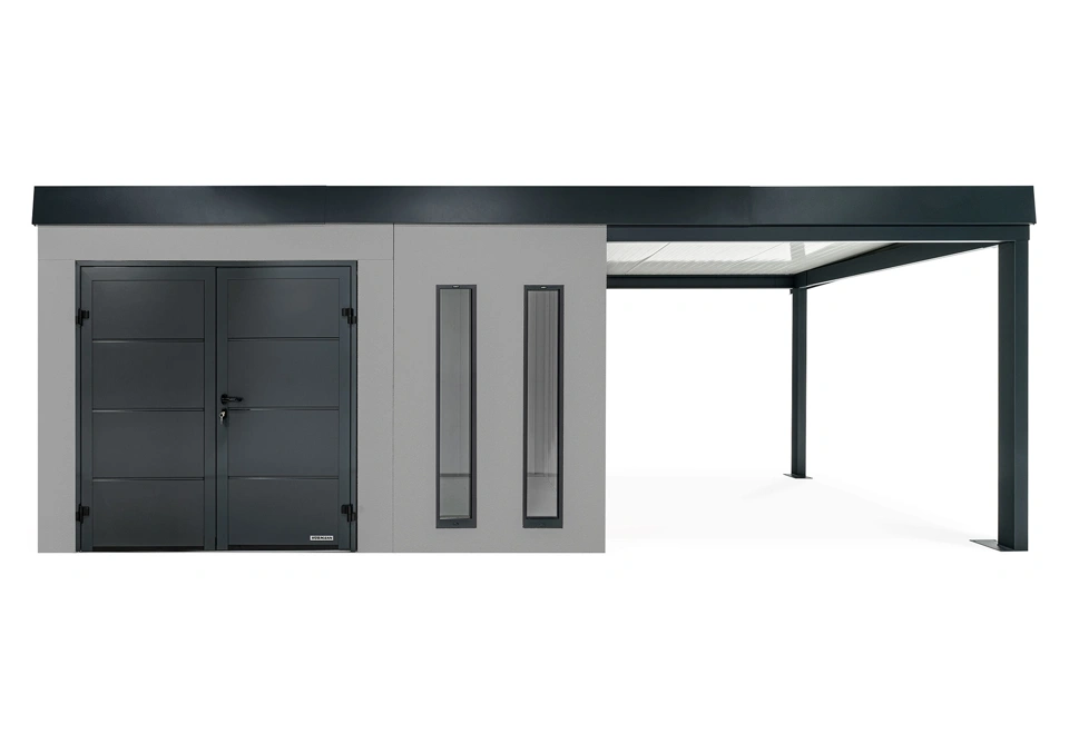 GARDEON® Gartenhaus 4 x 2 m mit doppelten Hörmann-Türen, zwei Lichtbändern und überdachtem Bereich