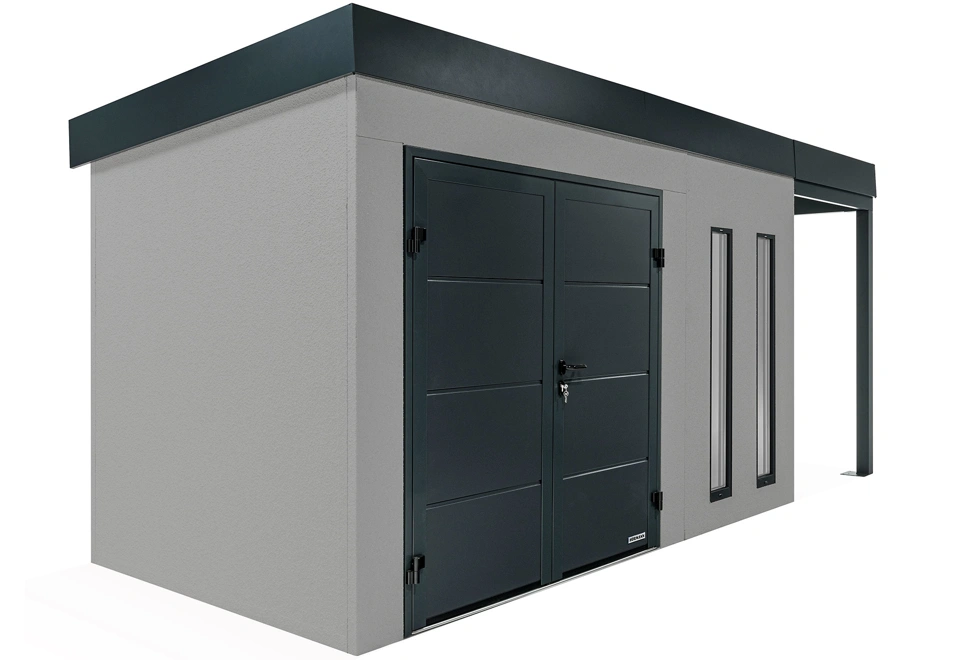 GARDEON® Gartenhaus 4 x 2 m mit doppelten Hörmann-Türen, zwei Lichtbändern und überdachtem Bereich