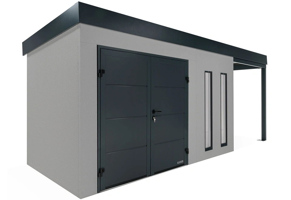 GARDEON® Gartenhaus 4 x 2 m mit doppelten Hörmann-Türen, zwei Lichtbändern und überdachtem Bereich