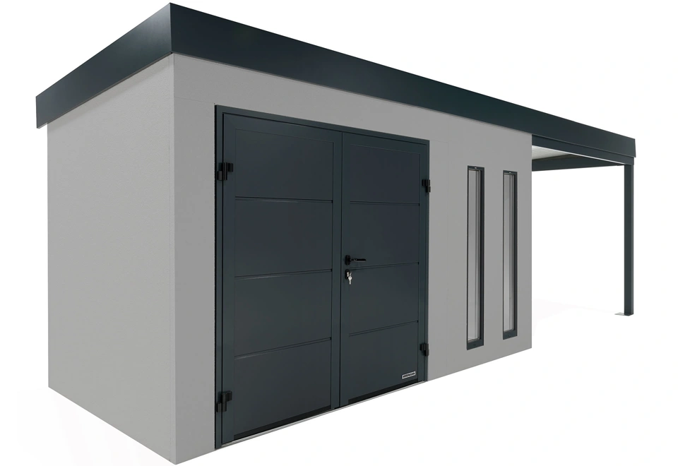 GARDEON® Gartenhaus 4 x 2 m mit doppelten Hörmann-Türen, zwei Lichtbändern und überdachtem Bereich