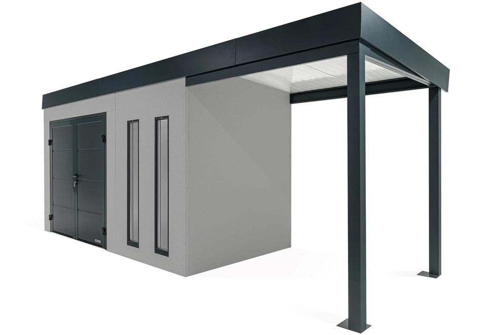 GARDEON® Gartenhaus 4 x 2 m mit doppelten Hörmann-Türen, zwei Lichtbändern und überdachtem Bereich