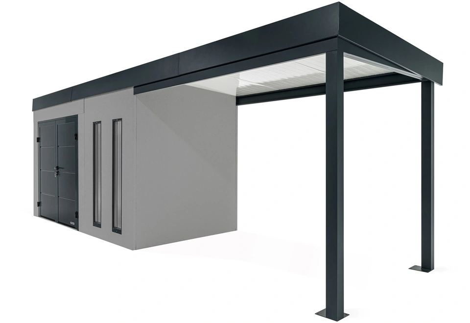 GARDEON® Gartenhaus 4 x 2 m mit doppelten Hörmann-Türen, zwei Lichtbändern und überdachtem Bereich