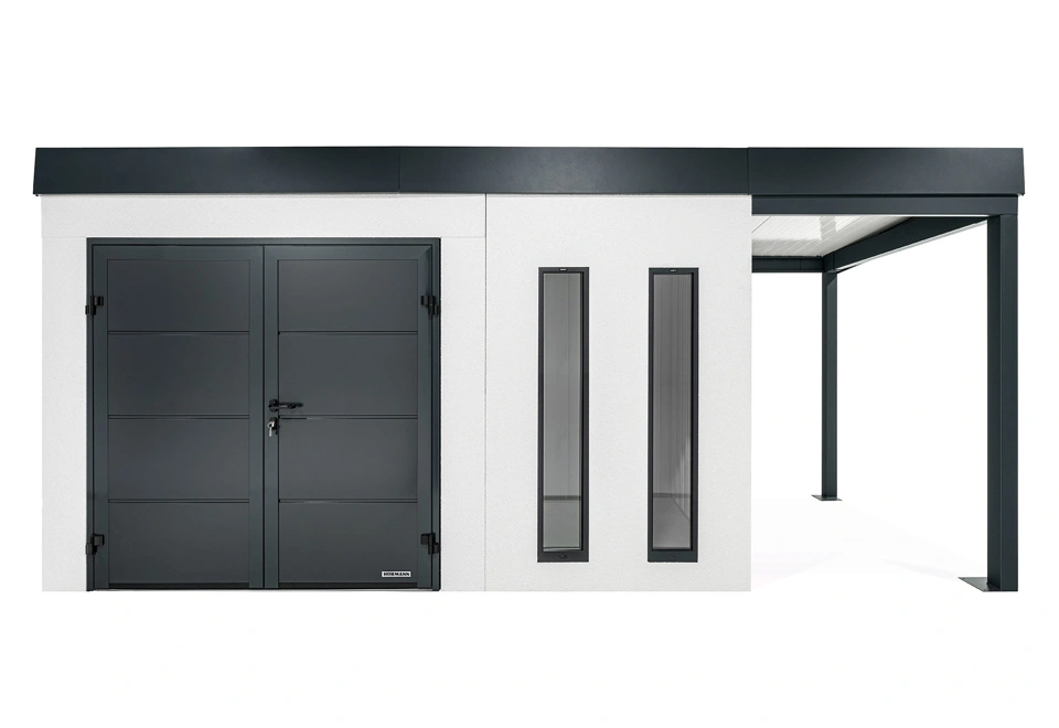 GARDEON® Gartenhaus 4 x 2 m mit doppelten Hörmann-Türen, zwei Lichtbändern und überdachtem Bereich
