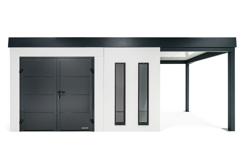 GARDEON® Gartenhaus 4 x 2 m mit doppelten Hörmann-Türen, zwei Lichtbändern und überdachtem Bereich