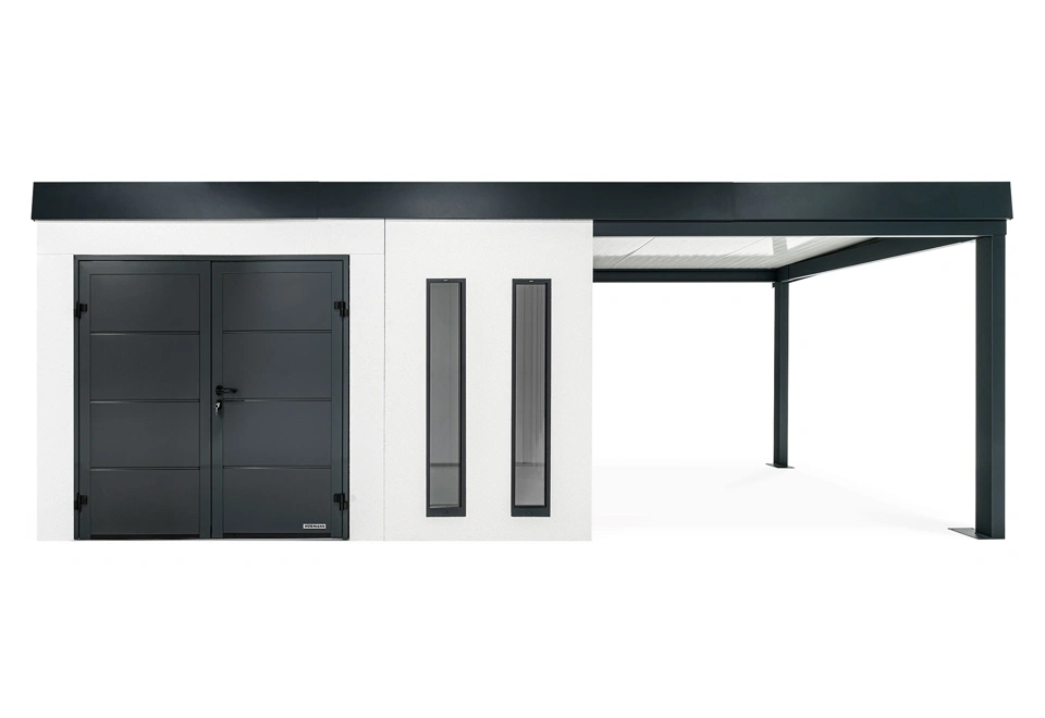 GARDEON® Gartenhaus 4 x 2 m mit doppelten Hörmann-Türen, zwei Lichtbändern und überdachtem Bereich