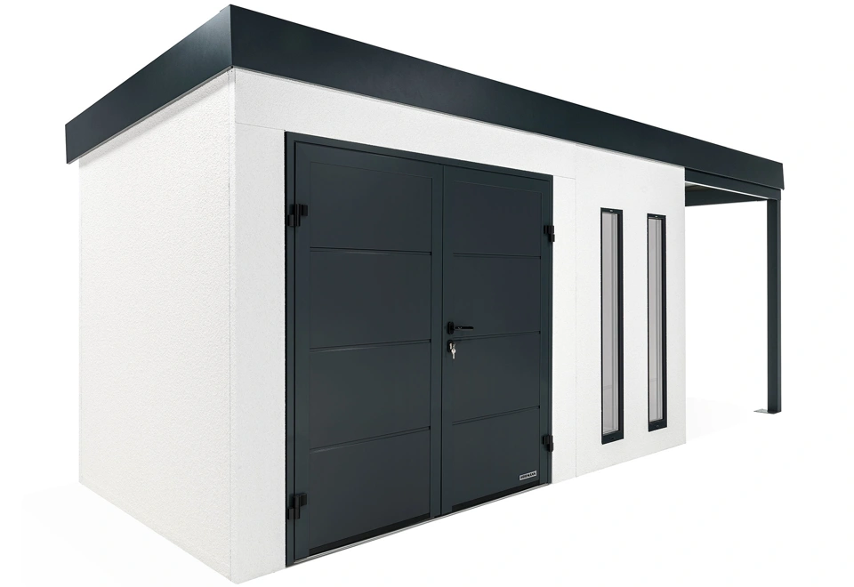 GARDEON® Gartenhaus 4 x 2 m mit doppelten Hörmann-Türen, zwei Lichtbändern und überdachtem Bereich