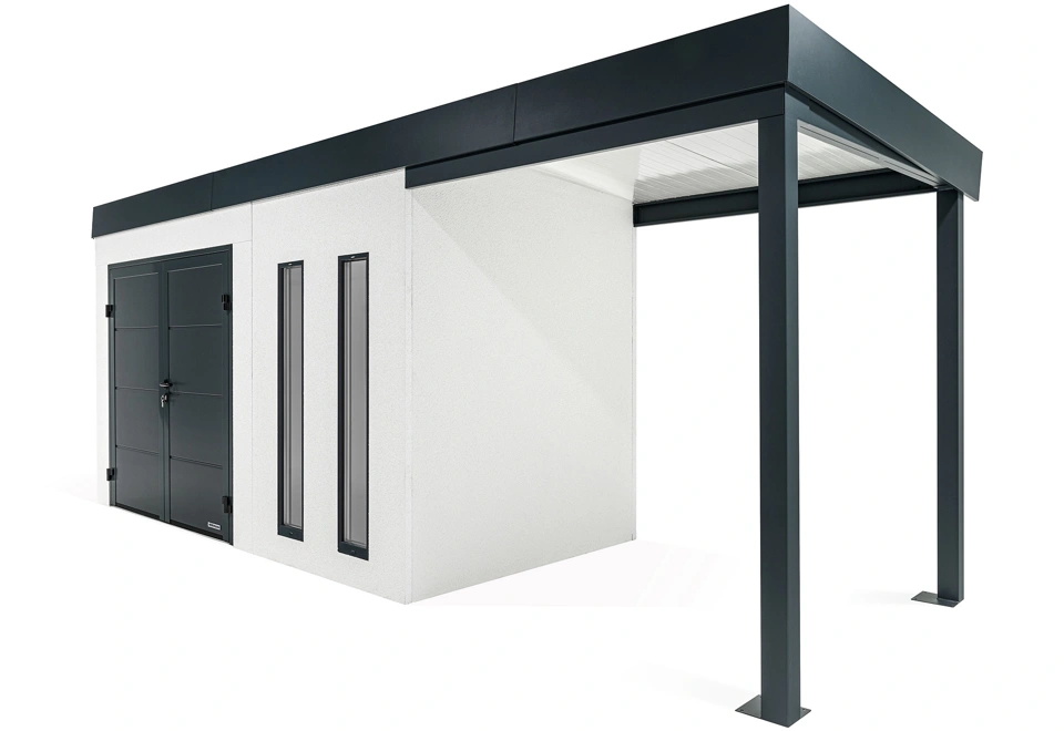 GARDEON® Gartenhaus 4 x 2 m mit doppelten Hörmann-Türen, zwei Lichtbändern und überdachtem Bereich
