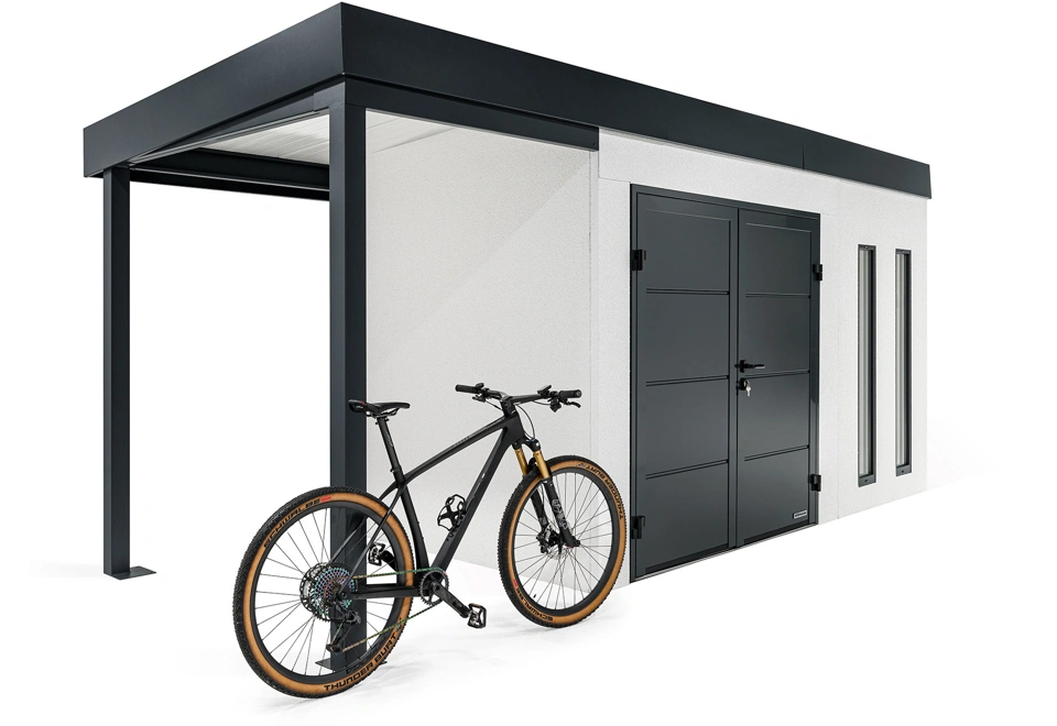 GARDEON® Gartenhaus mit doppelten Hörmann-Türen, zwei Lichtbändern und überdachtem Bereich