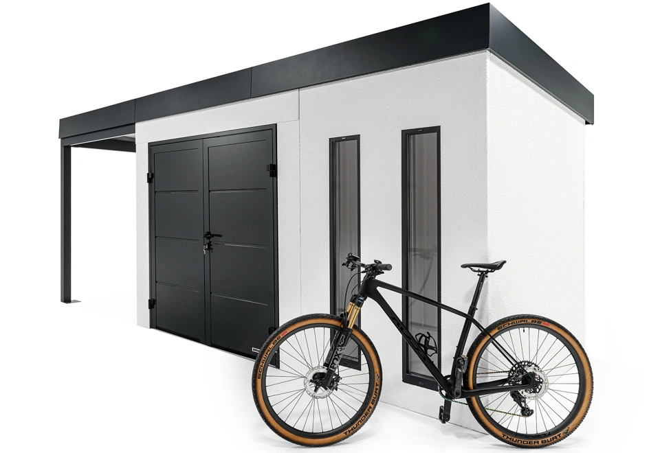 GARDEON® Gartenhaus mit doppelten Hörmann-Türen, zwei Lichtbändern und überdachtem Bereich