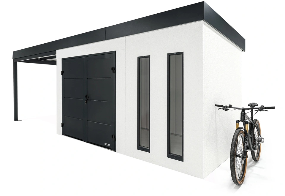 GARDEON® Gartenhaus mit doppelten Hörmann-Türen, zwei Lichtbändern und überdachtem Bereich
