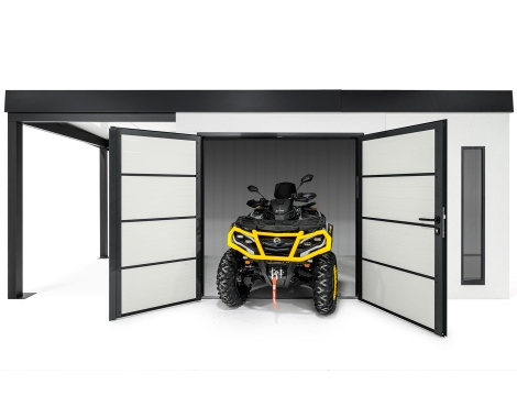 GARDEON® Gartenhaus mit doppelten Hörmann-Türen, zwei Lichtbändern und überdachtem Bereich