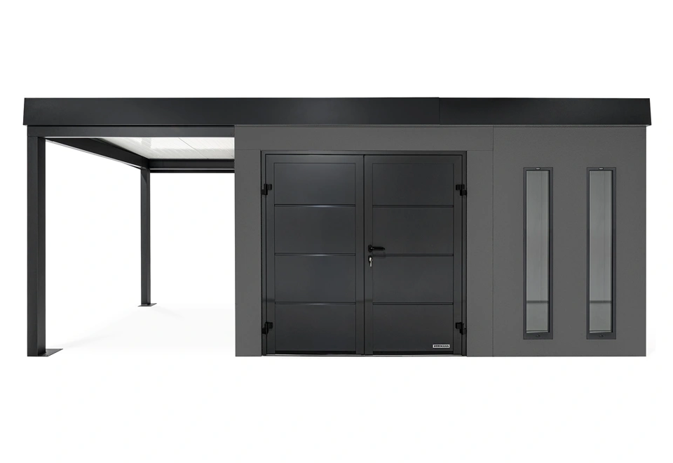 GARDEON® Gartenhaus mit doppelten Hörmann-Türen, zwei Lichtbändern und überdachtem Bereich