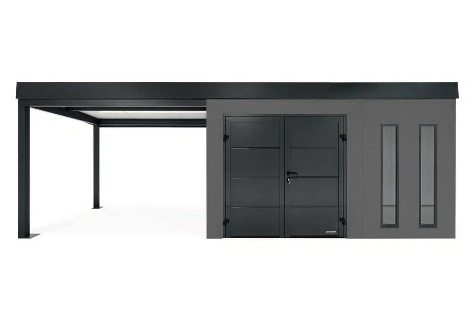 GARDEON® Gartenhaus mit doppelten Hörmann-Türen, zwei Lichtbändern und überdachtem Bereich