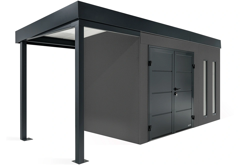 GARDEON® Gartenhaus mit doppelten Hörmann-Türen, zwei Lichtbändern und überdachtem Bereich