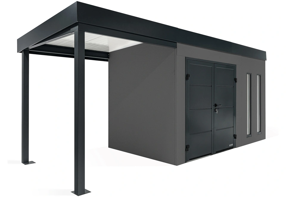 GARDEON® Gartenhaus mit doppelten Hörmann-Türen, zwei Lichtbändern und überdachtem Bereich